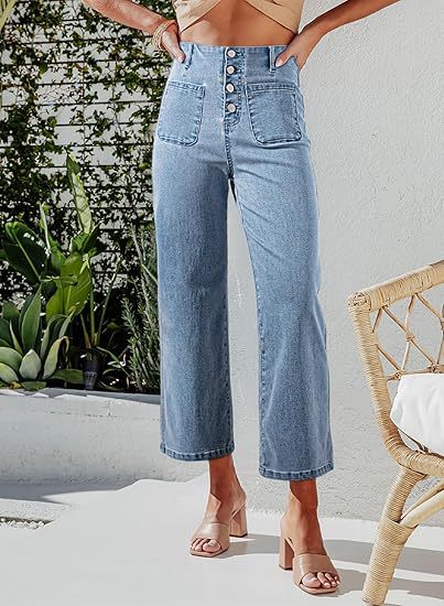 Dame High-Waist Jeans med knapppdetail och breda ben Mirla-Eva Jonsson