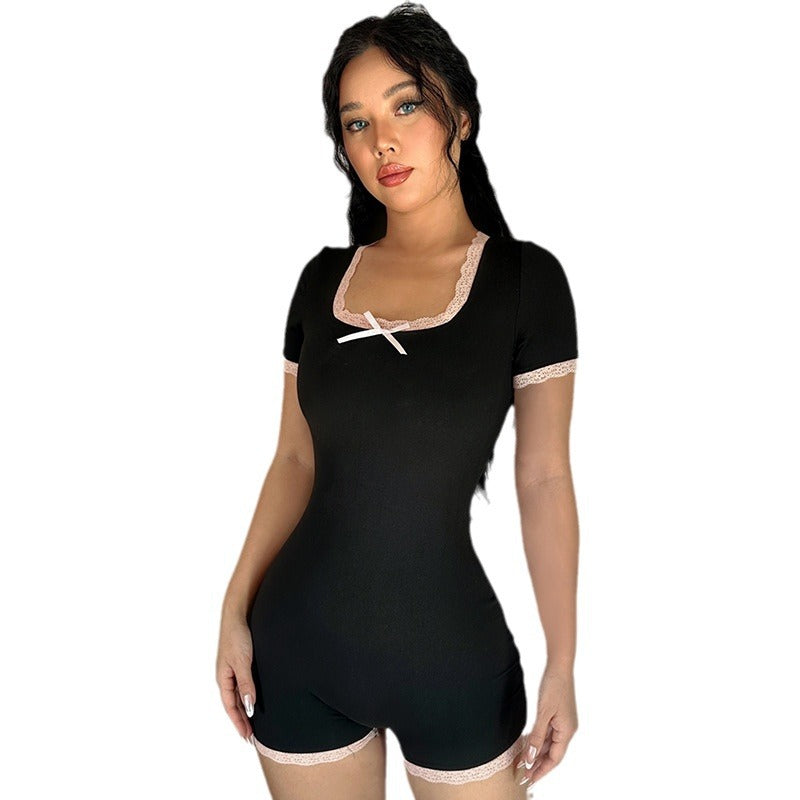 Dame Kortärmad sovbody med fina spetsdetaljer Mirla-Eva Jonsson