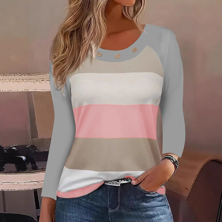Dame Långärmad T-shirt med modernt randmönster och dekorativa knappar Eva Jonsson-Eva Jonsson