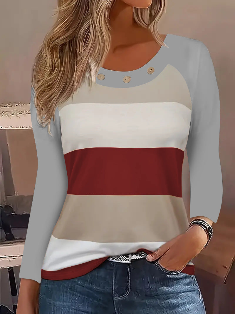 Dame Långärmad T-shirt med modernt randmönster och dekorativa knappar Eva Jonsson-Eva Jonsson