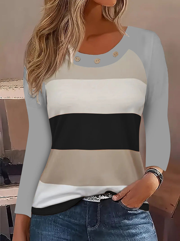 Dame Långärmad T-shirt med modernt randmönster och dekorativa knappar Eva Jonsson-Eva Jonsson