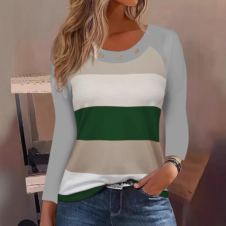 Dame Långärmad T-shirt med modernt randmönster och dekorativa knappar Eva Jonsson-Eva Jonsson
