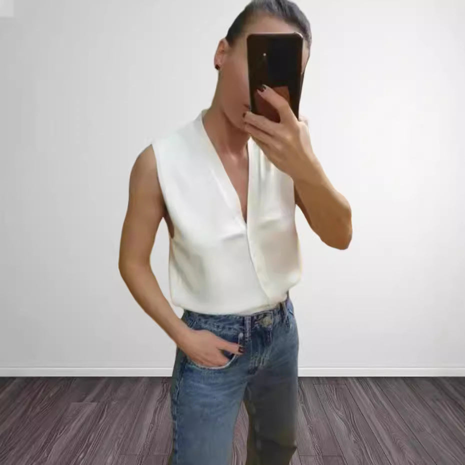 Dame Lätt V-ringad Blus T-shirt i högkvalitativ siden Mirla-Eva Jonsson