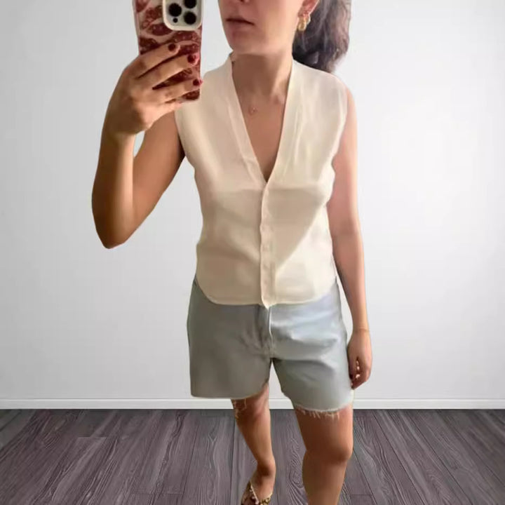 Dame Lätt V-ringad Blus T-shirt i högkvalitativ siden Mirla-Eva Jonsson