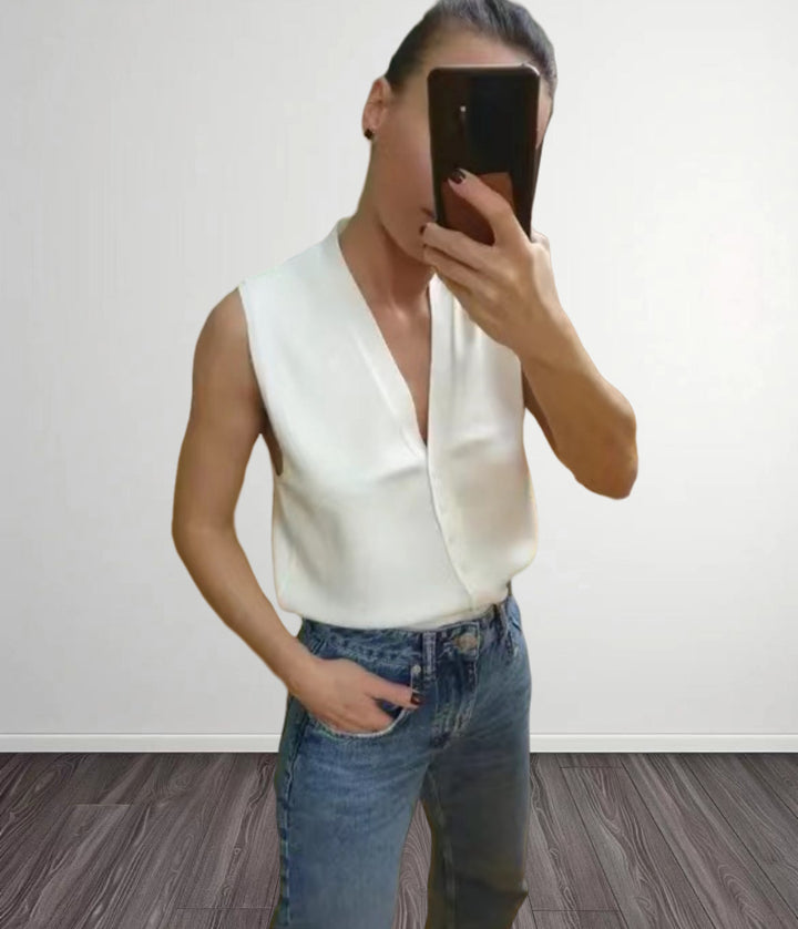 Dame Lätt V-ringad Blus T-shirt i högkvalitativ siden Mirla-Eva Jonsson