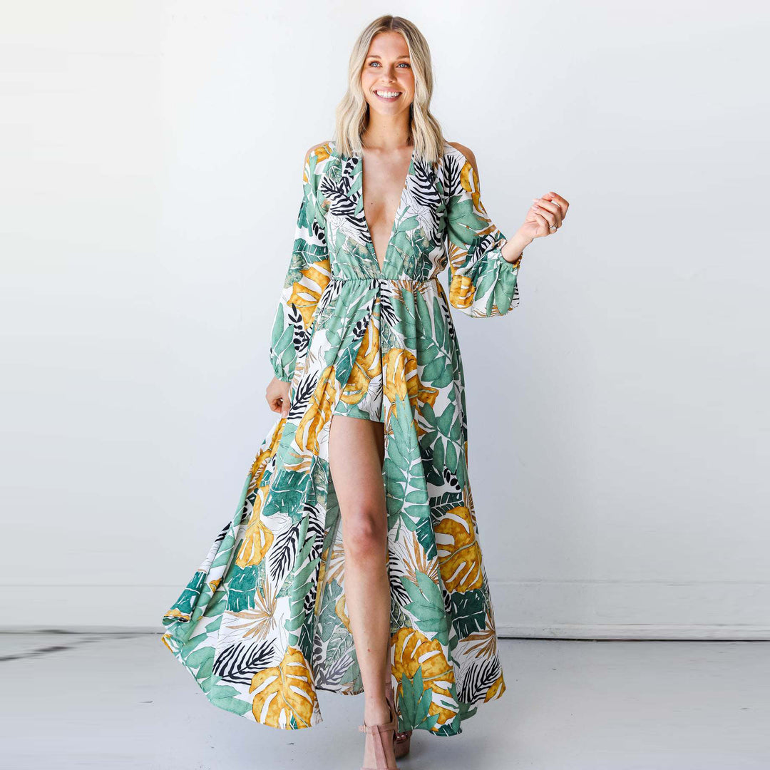 Dame Maxi-Kaftan med blommönster och djup halsringning Mirla-Eva Jonsson