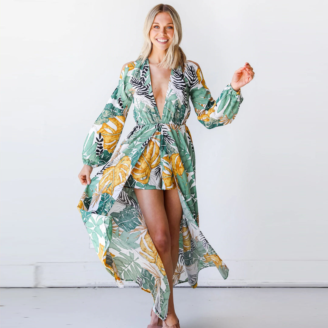 Dame Maxi-Kaftan med blommönster och djup halsringning Mirla-Eva Jonsson