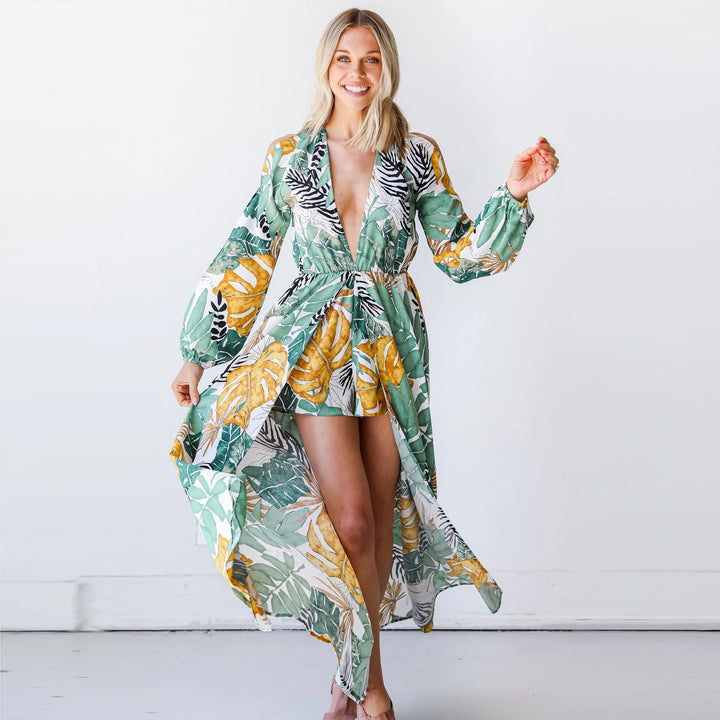 Dame Maxi-Kaftan med blommönster och djup halsringning Mirla-Eva Jonsson