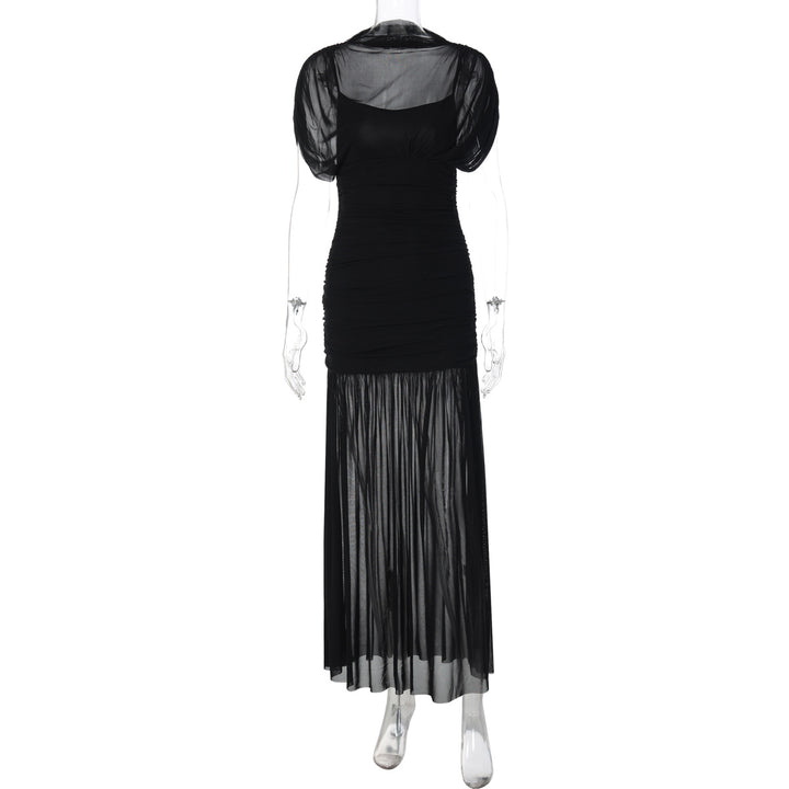Dame Maxi-klänning med transparenta puffärmar och elegant rynkeffekt Mirla-Eva Jonsson