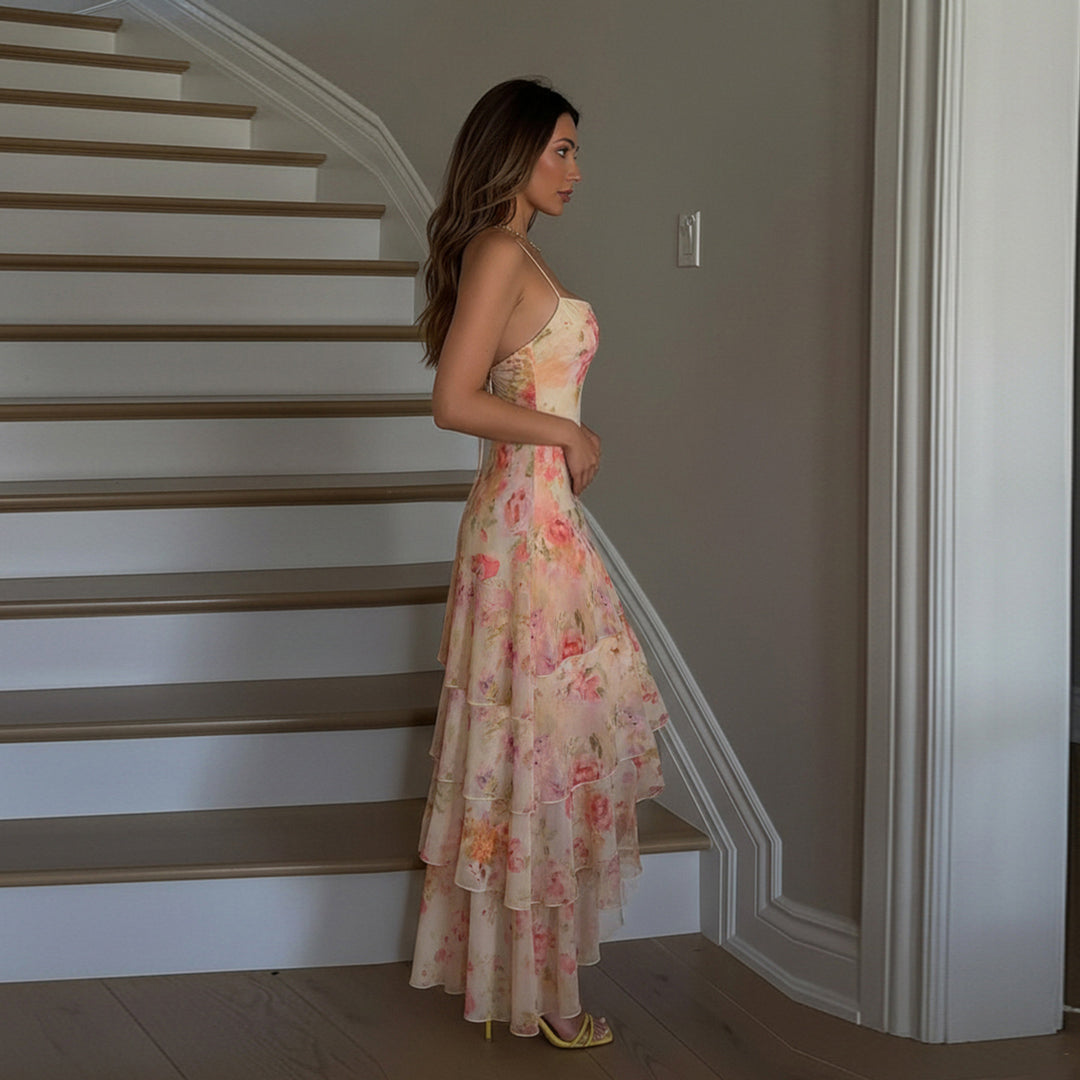 Dame Maxikjole med blomstret ruffle mønster og uden skulderdesign Mirla-Eva Jonsson