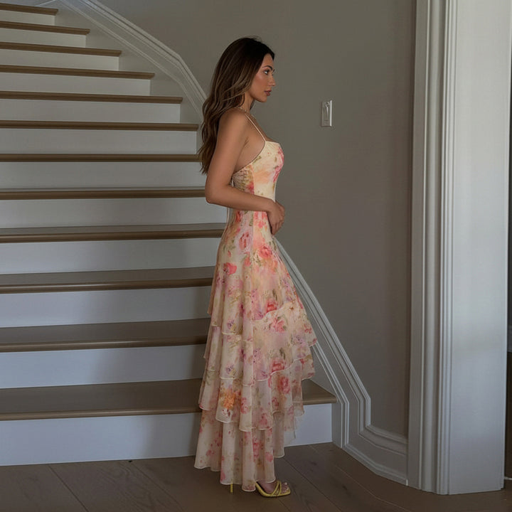 Dame Maxikjole med blomstret ruffle mønster og uden skulderdesign Mirla-Eva Jonsson