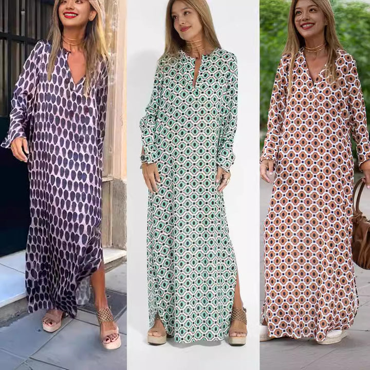 Dame Maxiklänning med modernt grafiskt mönster och luftiga ärmar Mirla-Eva Jonsson