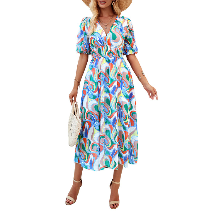 Dame Midi Dress med eleganta puffärmar och romantisk blommönster Mirla-Eva Jonsson