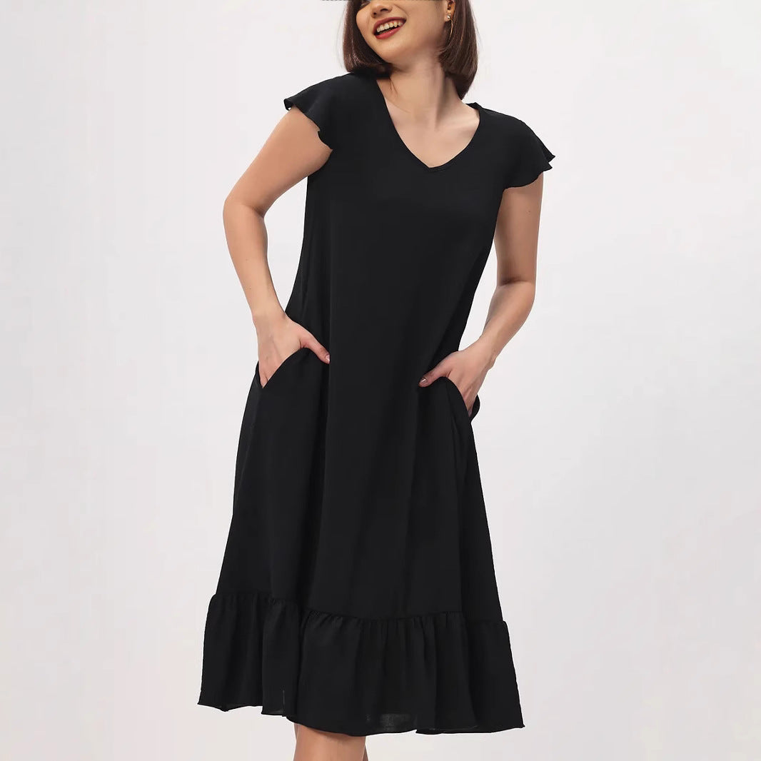 Dame Midi-dress med modernt V-ringning och volangslut Mirla-Eva Jonsson