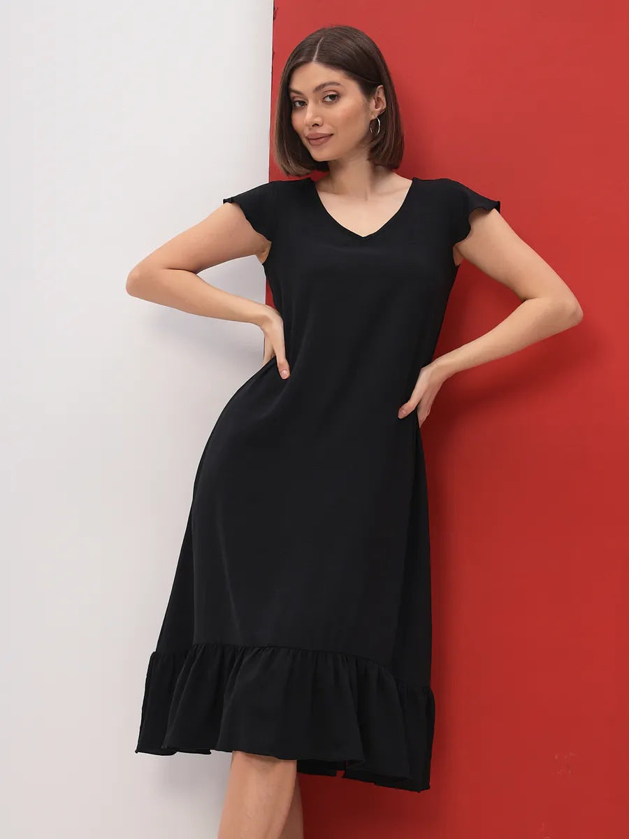 Dame Midi-dress med modernt V-ringning och volangslut Mirla-Eva Jonsson