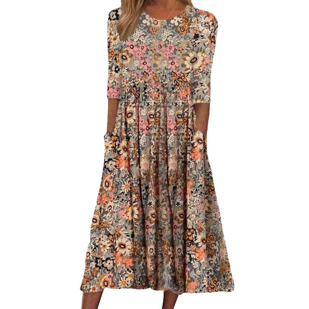 Dame Midi-klänning med blommönster och praktiska fickor Mirla-Eva Jonsson