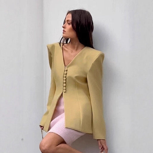 Dame Mode Blazer med asymmetrisk skärning och dekorativa knappar Mirla-Eva Jonsson