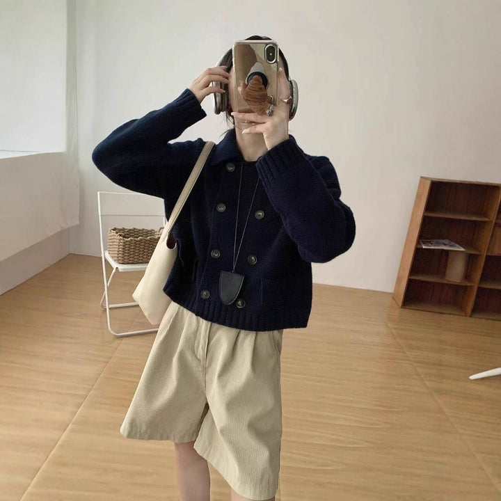 Dame Mode Stickad tröja med dubbel knappslå och rundhalsad Eva Jonsson-Eva Jonsson