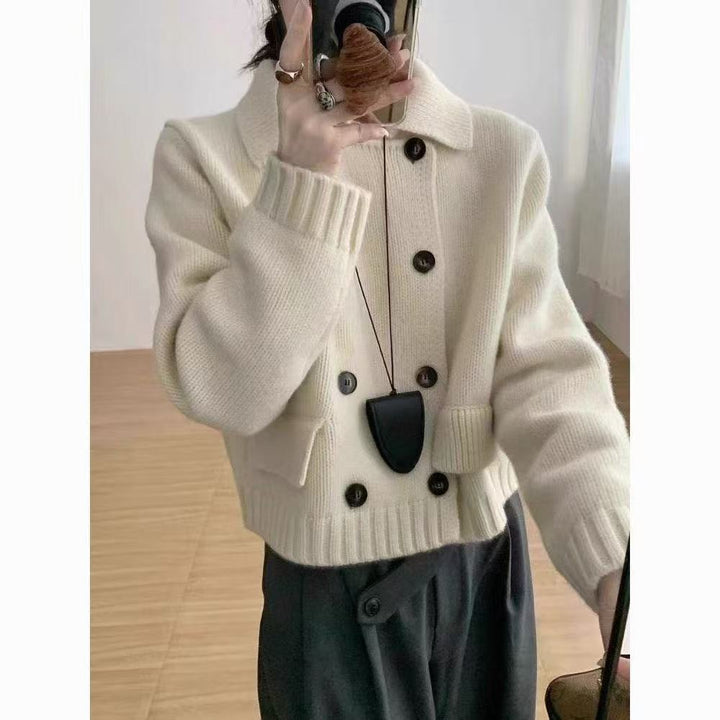 Dame Mode Stickad tröja med dubbel knappslå och rundhalsad Eva Jonsson-Eva Jonsson