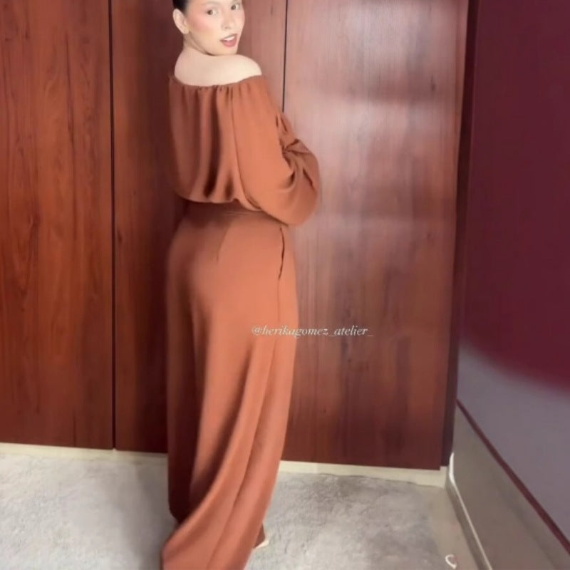 Dame Moderiktigt Tvådelat Set med Off-Shoulder Topp och Vida Byxor Mirla-Eva Jonsson