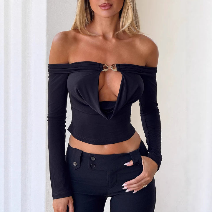 Dame Off-Shoulder Blus med dekorativt urtag och långa ärmar Mirla-Eva Jonsson