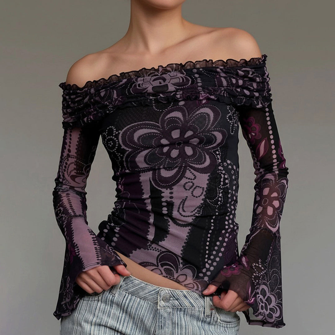 Dame Off-Shoulder Blus med eleganta ruffle detaljer och vida ärmar Mirla-Eva Jonsson