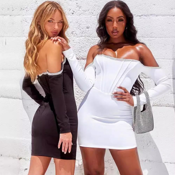 Dame Off-Shoulder Cocktail Dress with sparkling rhinestone details and figure-hugging cut Mirla-Eva Jonsson