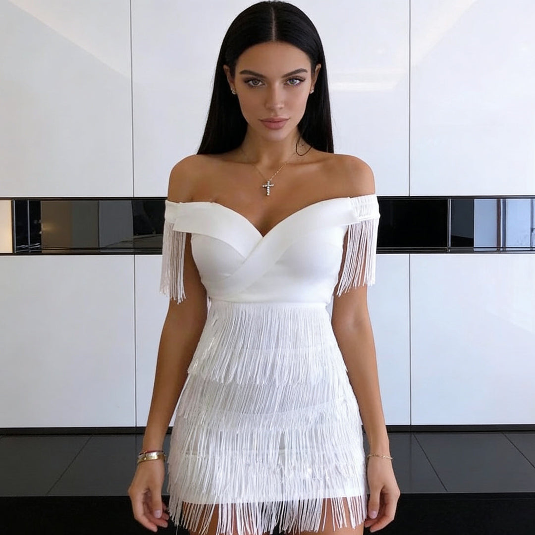 Dame Off-Shoulder Klänning med Fransar Mirla-Eva Jonsson