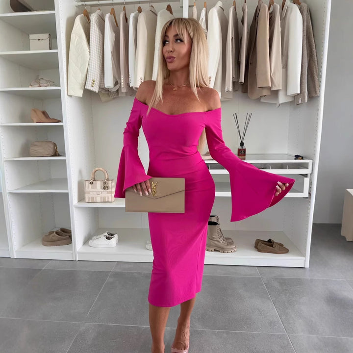Dame Off-Shoulder Midi-Klänning med trumpetärmar Mirla-Eva Jonsson