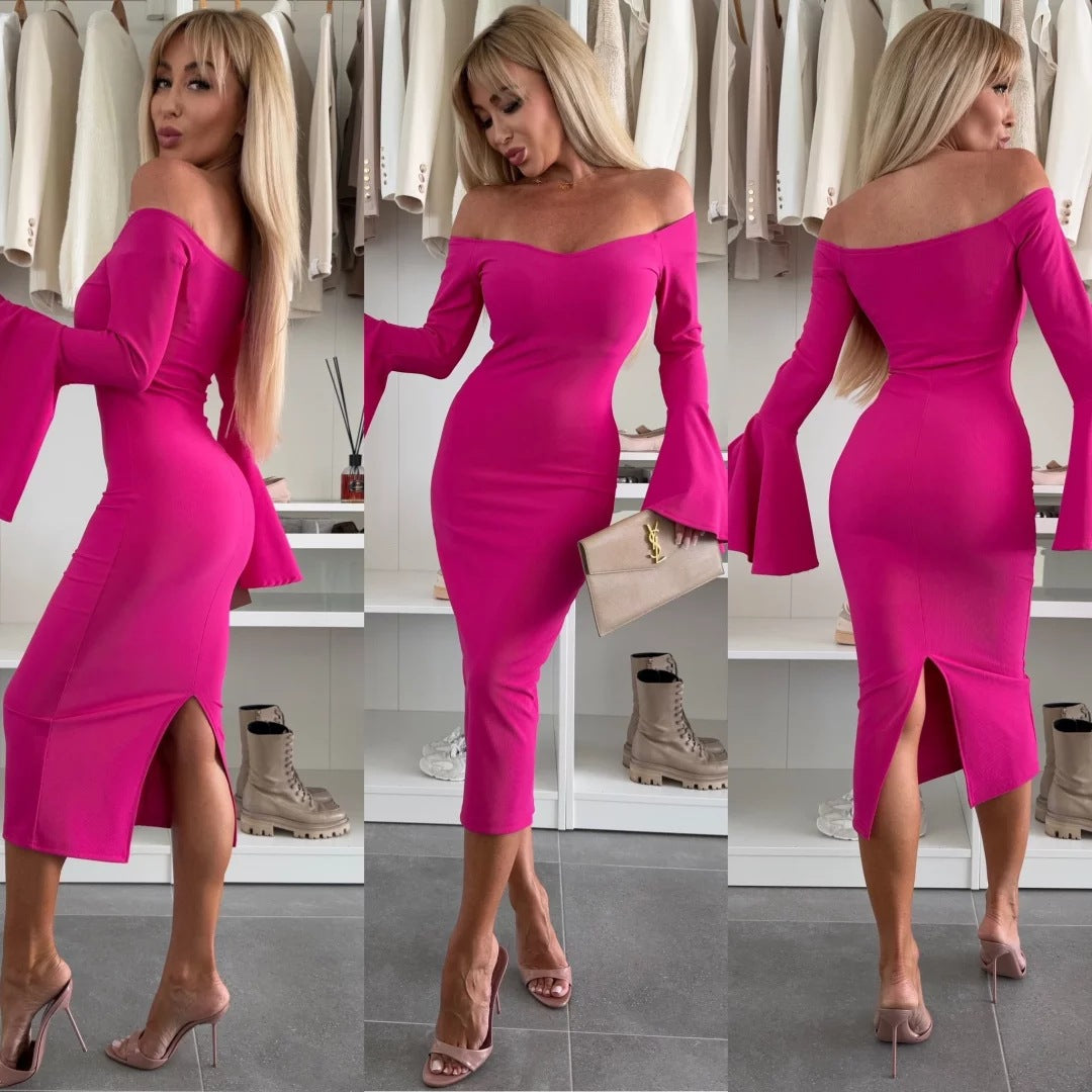 Dame Off-Shoulder Midi-Klänning med trumpetärmar Mirla-Eva Jonsson