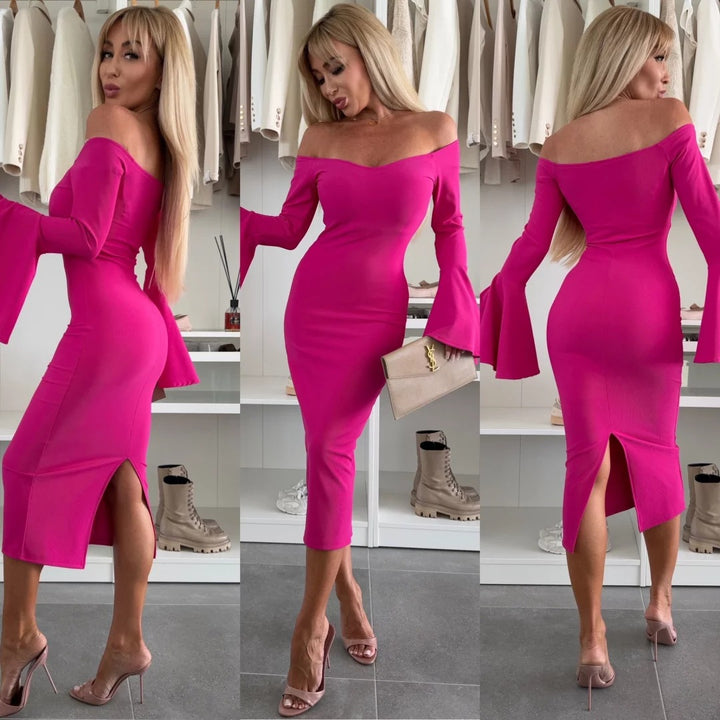 Dame Off-Shoulder Midi-Klänning med trumpetärmar Mirla-Eva Jonsson
