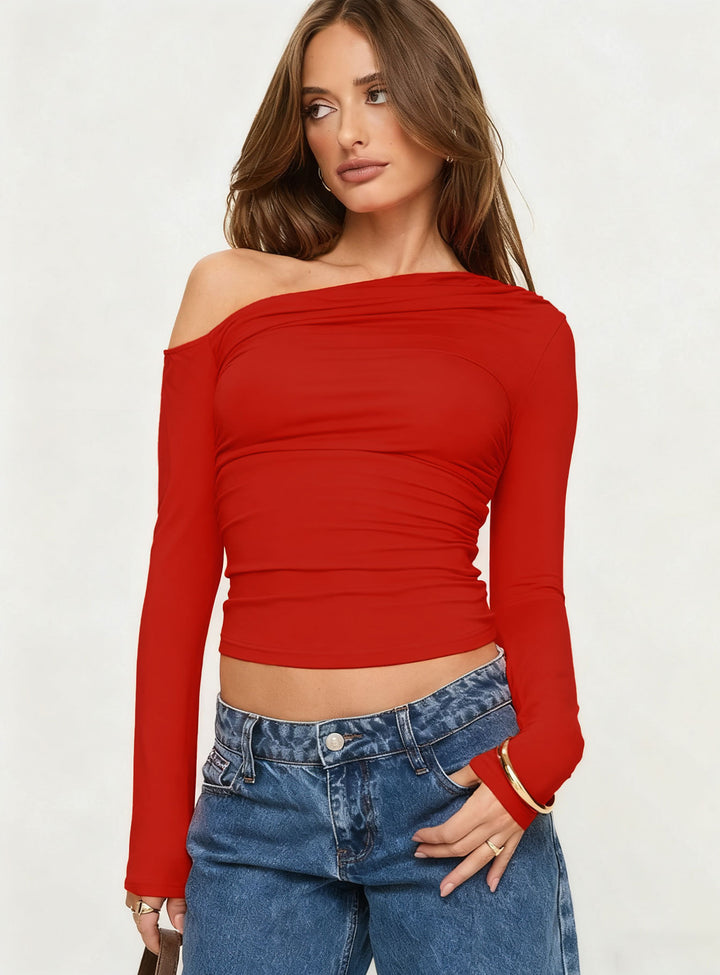 Dame Off-Shoulder Rynkatshirt med långa ärmar och elegant design Mirla-Eva Jonsson