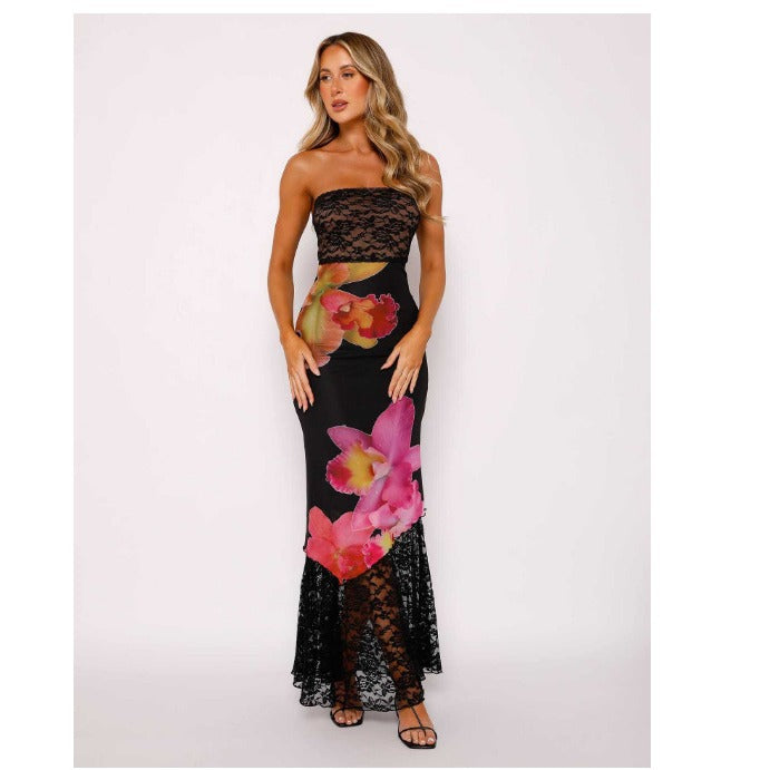 Dame Off-Shoulder Spetsklänning med Blommiga Accent och Transparent Foder Mirla-Eva Jonsson