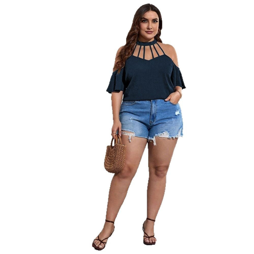 Dame Off-Shoulder Topp med Ståkrage och lekfulla Volangdetaljer Mirla-Eva Jonsson