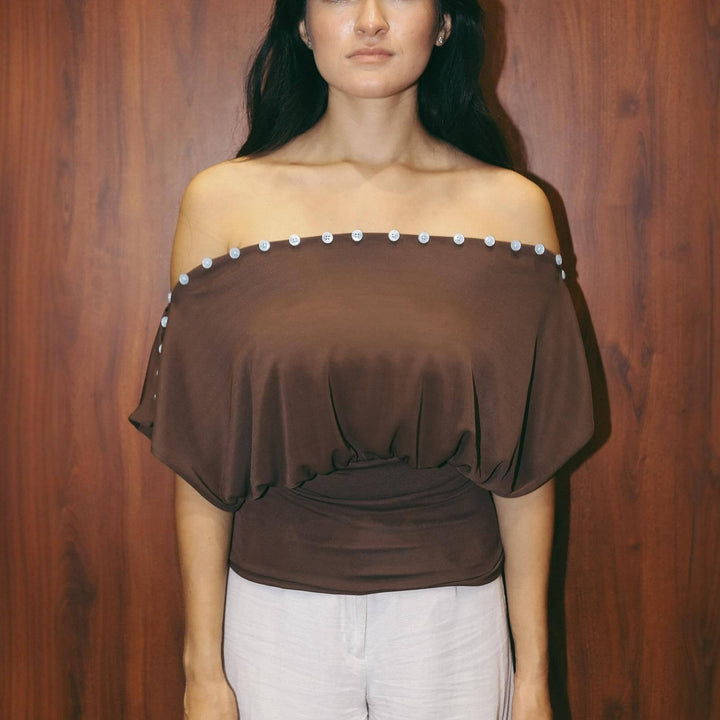 Dame Off-Shoulder Topp med elegant knappr decoration Mirla-Eva Jonsson