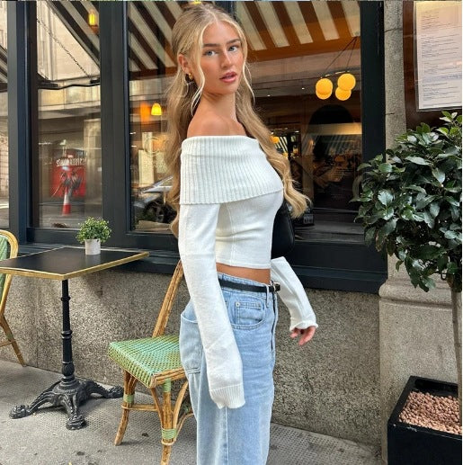 Dame Off-Shoulder Topp med ribbad struktur och figurnära passform Mirla-Eva Jonsson