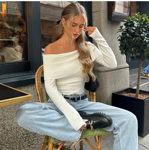 Dame Off-Shoulder Topp med ribbad struktur och figurnära passform Mirla-Eva Jonsson