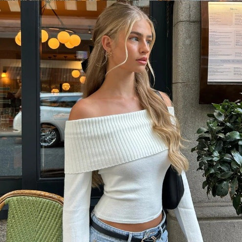 Dame Off-Shoulder Topp med ribbad struktur och figurnära passform Mirla-Eva Jonsson