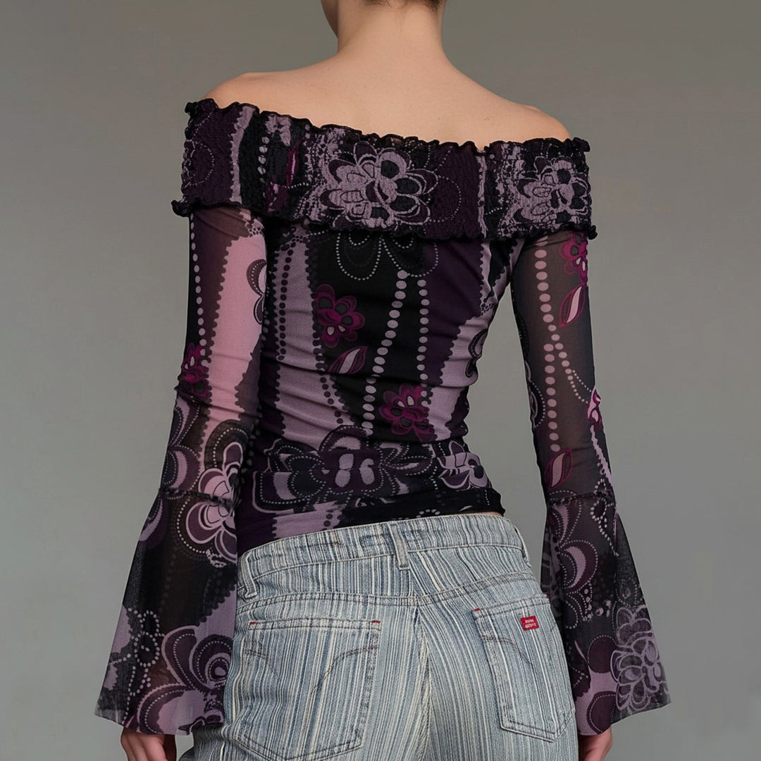 Dame Off-Shoulder topp med voluminösa ärmar och blommönster Mirla-Eva Jonsson
