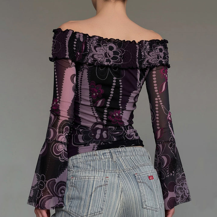 Dame Off-Shoulder topp med voluminösa ärmar och blommönster Mirla-Eva Jonsson
