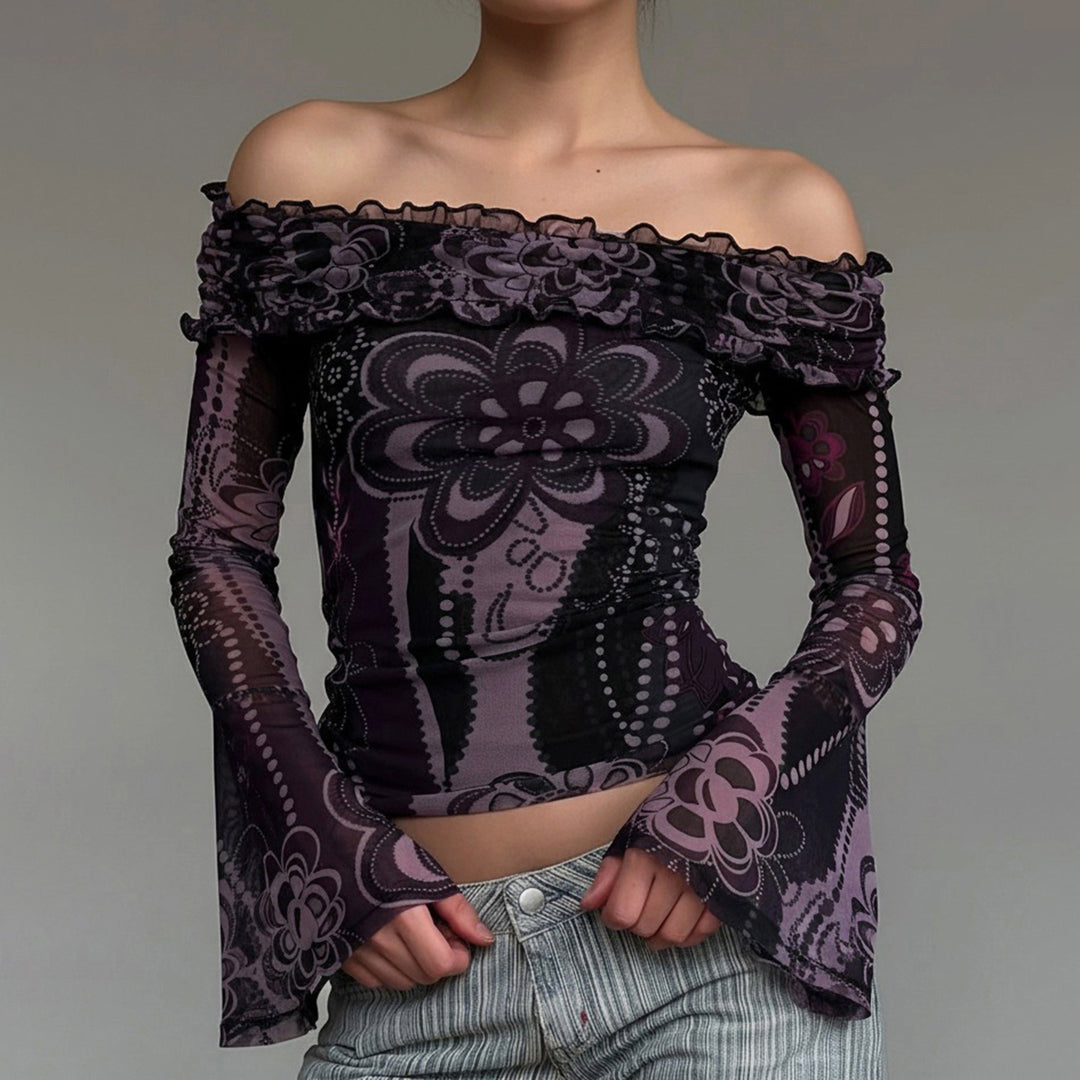 Dame Off-Shoulder topp med voluminösa ärmar och blommönster Mirla-Eva Jonsson