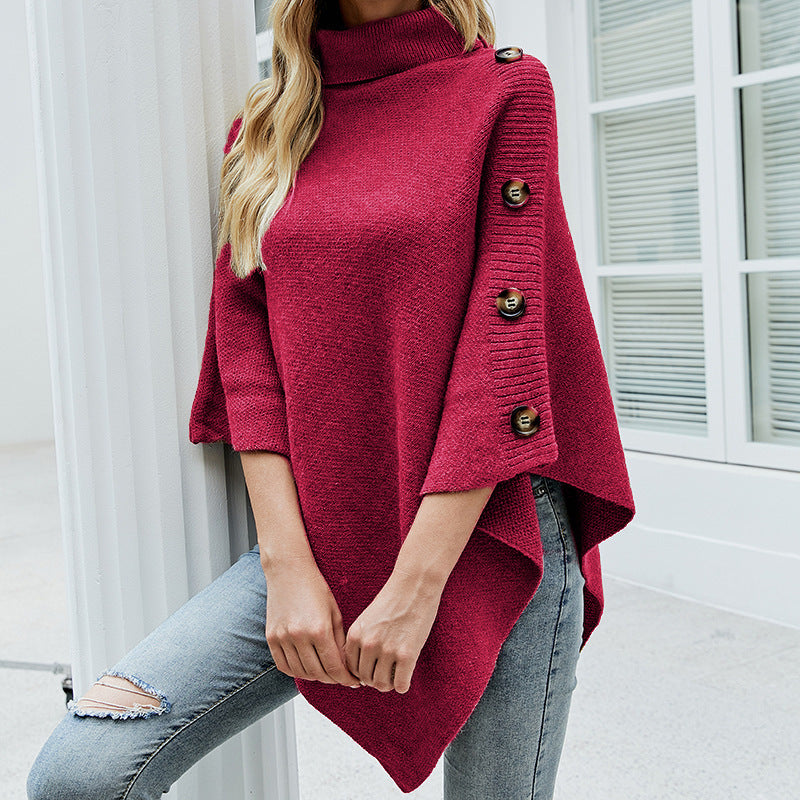 Dame Oversized-Poncho med hög krage och dekorativa knappr detaljer Mirla-Eva Jonsson