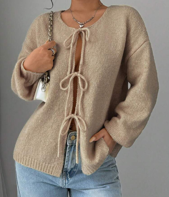 Dame Oversized Stickad tröja med dekorativ snördetalj Eva Jonsson-Eva Jonsson