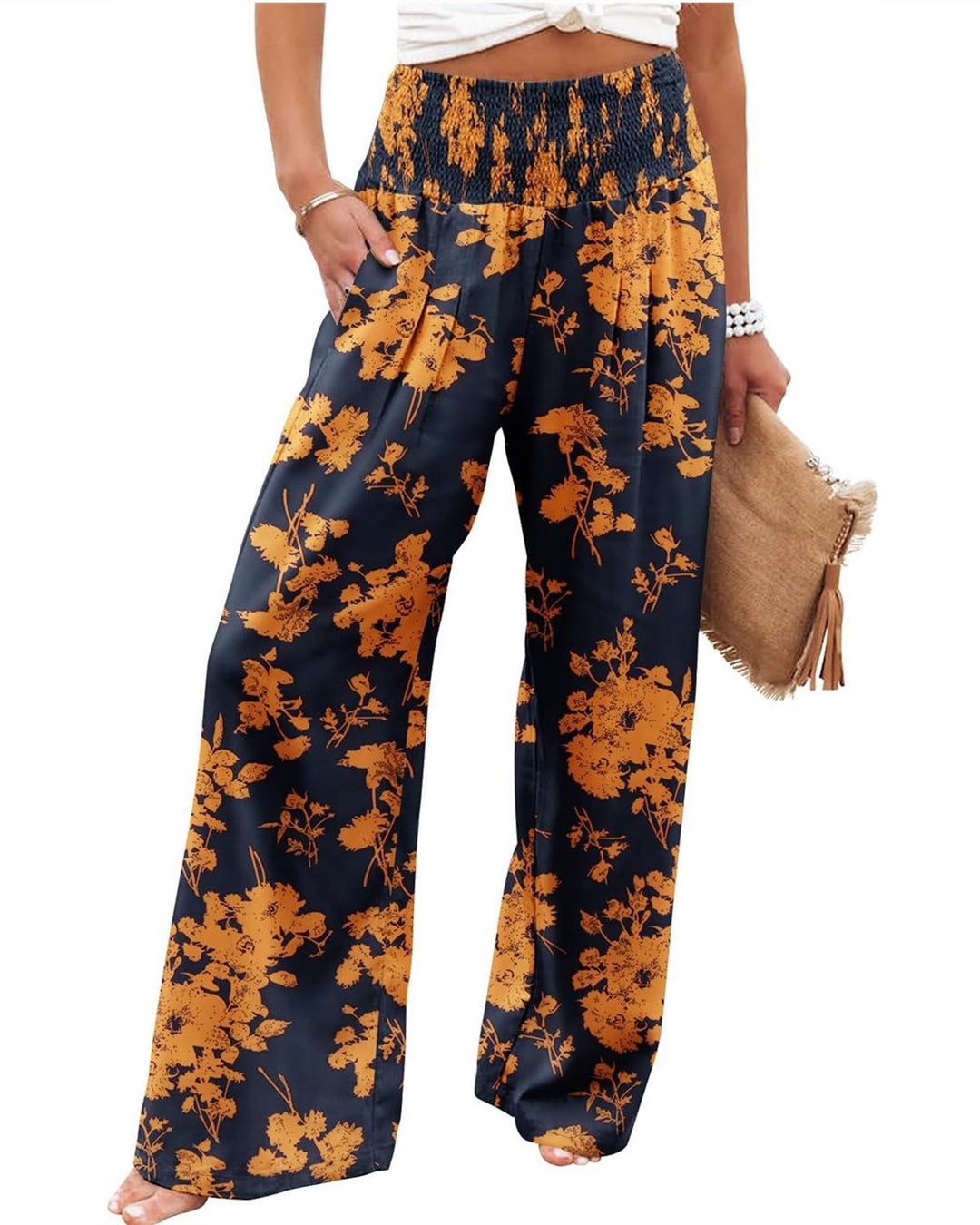 Dame Palazzo-byxor med elastisk midja och blommönster Mirla-Eva Jonsson