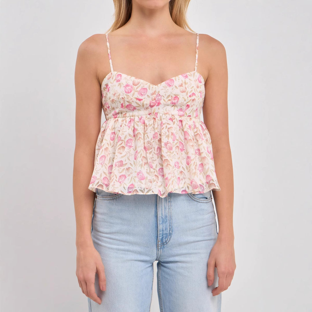 Dame Peplum-topp med blommönster och fina spagettiband Mirla-Eva Jonsson