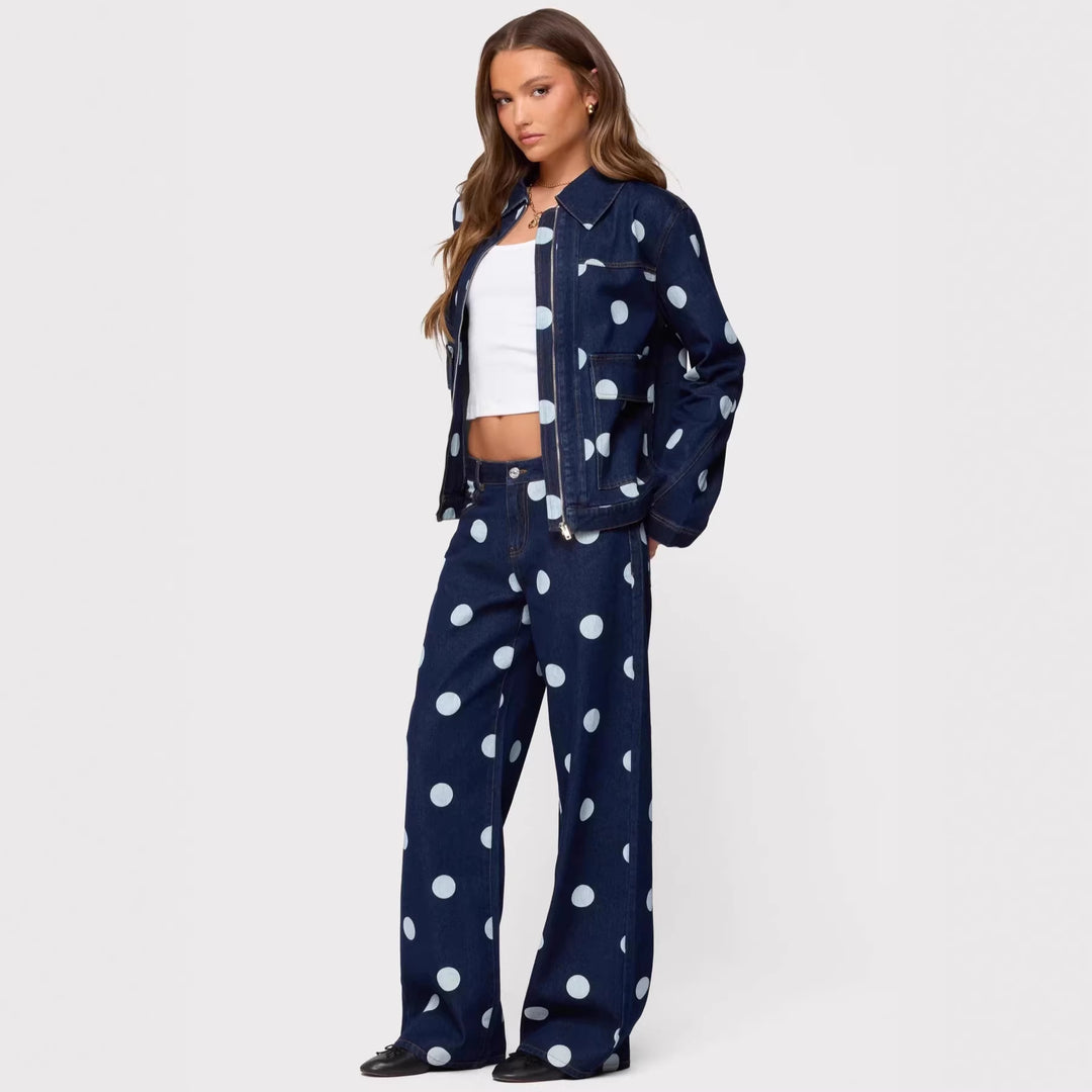 Dame Polka-Dot Denim-Set med avslappnad skärning och trendiga detaljer Mirla-Eva Jonsson