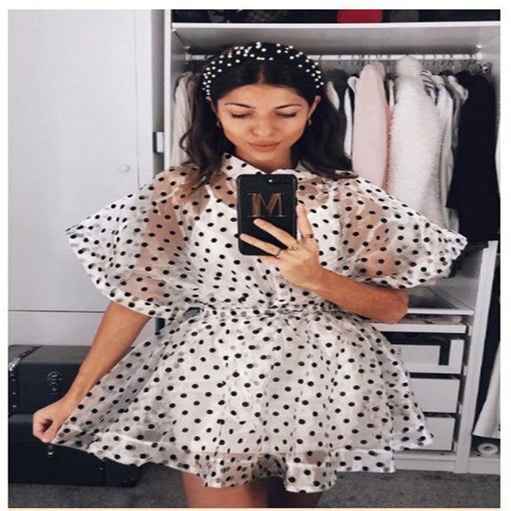 Dame Polka-Dots Chiffon-klänning med voluminösa ärmar och elastisk midja Mirla-Eva Jonsson