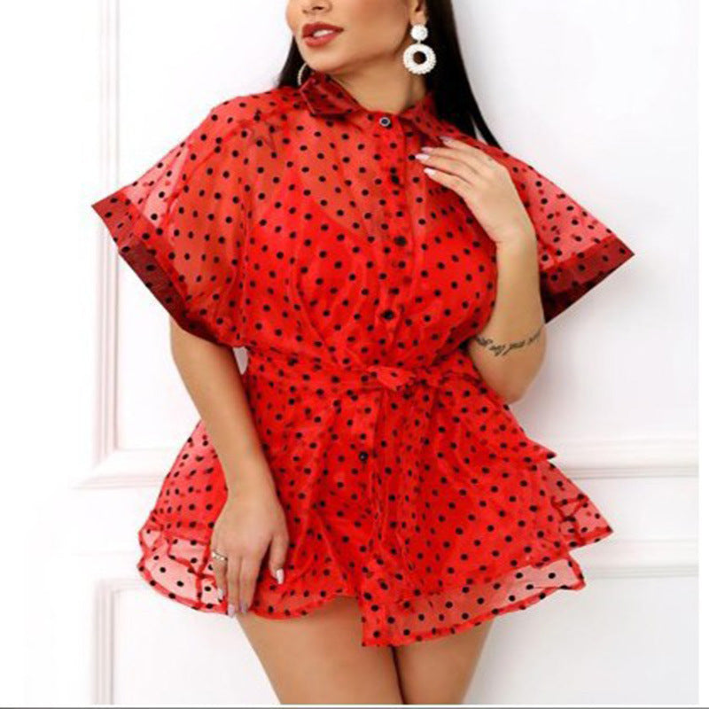 Dame Polka-Dots Chiffon-klänning med voluminösa ärmar och elastisk midja Mirla-Eva Jonsson
