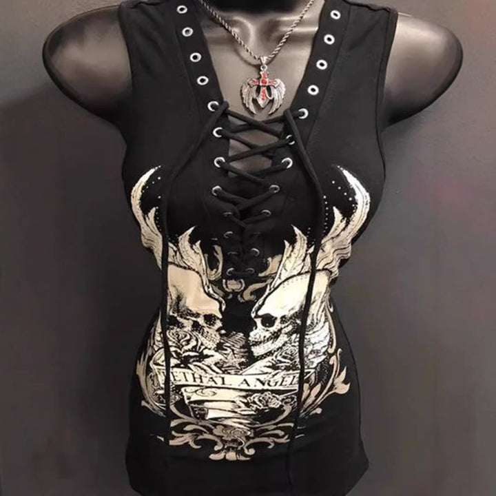 Dame Rockabilly klänning med snörningsdetalj och grafiskt tryck Mirla-Eva Jonsson