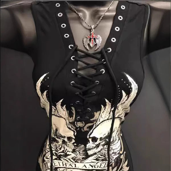Dame Rockabilly klänning med snörningsdetalj och grafiskt tryck Mirla-Eva Jonsson